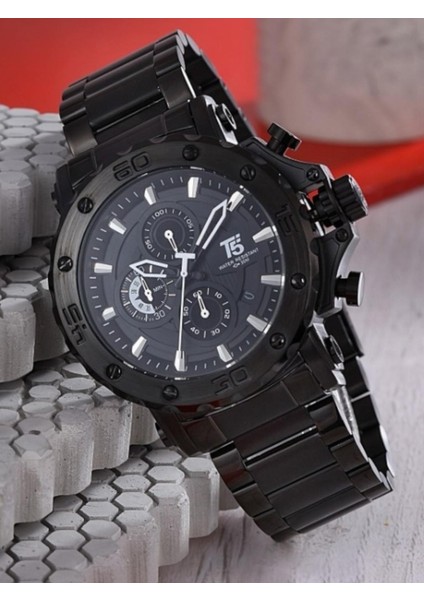 Erkek Kol Saati – Tam Siyah Çelik Kordon – Siyah Kasa & Kadran – Kronograf & Takvim – Su Geçirmez