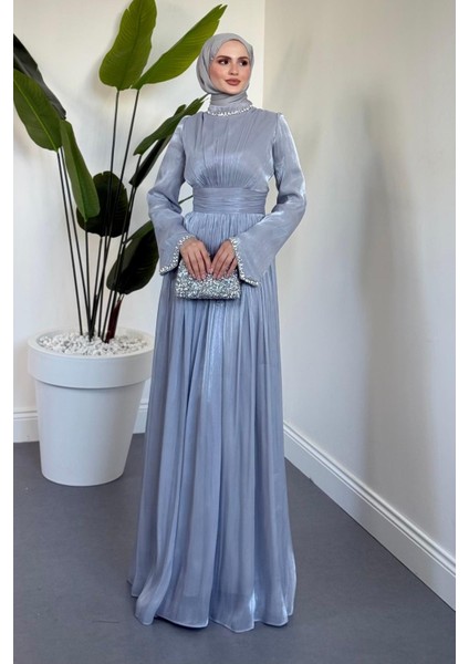 Saoris Boynu Kolu Taşlı Jan Jan Abiye Gri