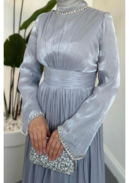 Saoris Boynu Kolu Taşlı Jan Jan Abiye Gri modelleri