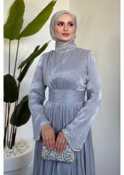 Saoris Boynu Kolu Taşlı Jan Jan Abiye Gri fiyatları