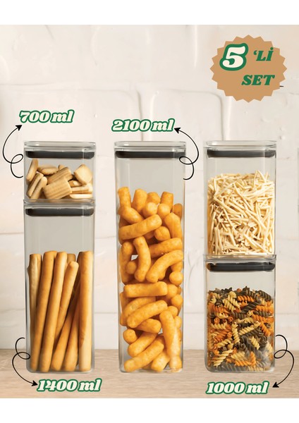 5'li Vakumlu Contalı Kare Erzak,un,bakliyat Saklama Kabı SETI-1X700 ML-2X1000 ML-1X1400 ML-1X2100 ml