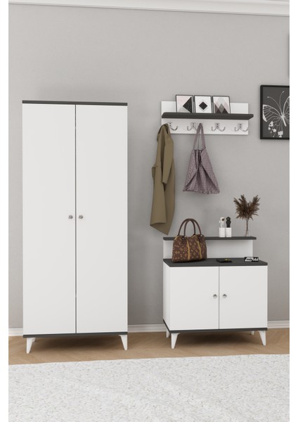 Alvo Vestiyer Takımı 2 Kapaklı Askılıklı Ayakkabılık Dolabı Beyaz Antrasit