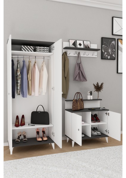 Alvo Vestiyer Takımı 2 Kapaklı Askılıklı Ayakkabılık Dolabı Beyaz Antrasit fırsatları