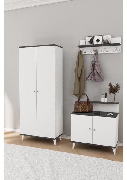 Alvo Vestiyer Takımı 2 Kapaklı Askılıklı Ayakkabılık Dolabı Beyaz Antrasit indirimleri