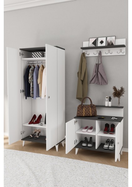 Alvo Vestiyer Takımı 2 Kapaklı Askılıklı Ayakkabılık Dolabı Beyaz Antrasit