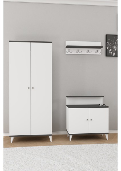 Alvo Vestiyer Takımı 2 Kapaklı Askılıklı Ayakkabılık Dolabı Beyaz Antrasit