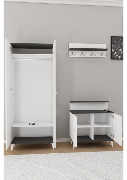 Alvo Vestiyer Takımı 2 Kapaklı Askılıklı Ayakkabılık Dolabı Beyaz Antrasit