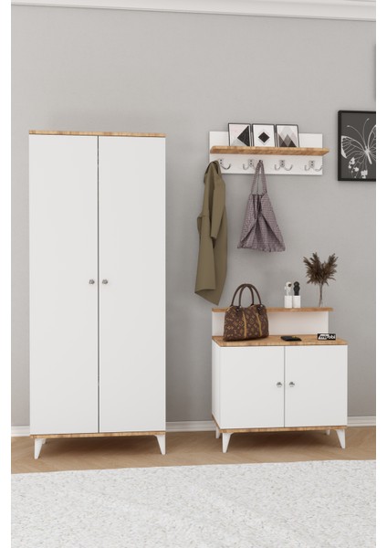 Alvo Vestiyer Takımı 2 Kapaklı Askılıklı Ayakkabılık Dolabı Beyaz Çam