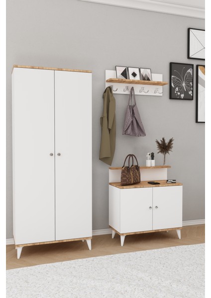 Alvo Vestiyer Takımı 2 Kapaklı Askılıklı Ayakkabılık Dolabı Beyaz Çam modelleri