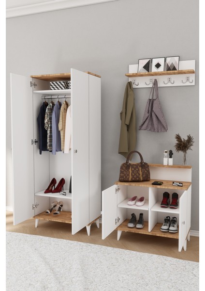 Alvo Vestiyer Takımı 2 Kapaklı Askılıklı Ayakkabılık Dolabı Beyaz Çam
