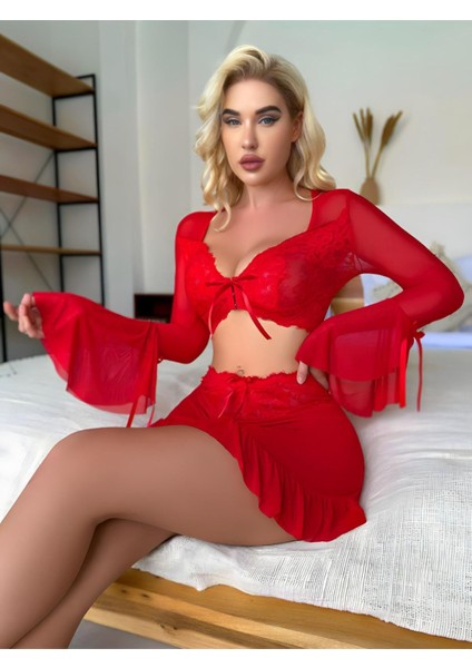 Kadın Kırmızı Gecelik Yarasa Kol Pileli Mini Etek Bağcıklı Tangalı Iç Giyim Fantezi Iç Çamaşırı Seksi Erotik Şık Tasarım