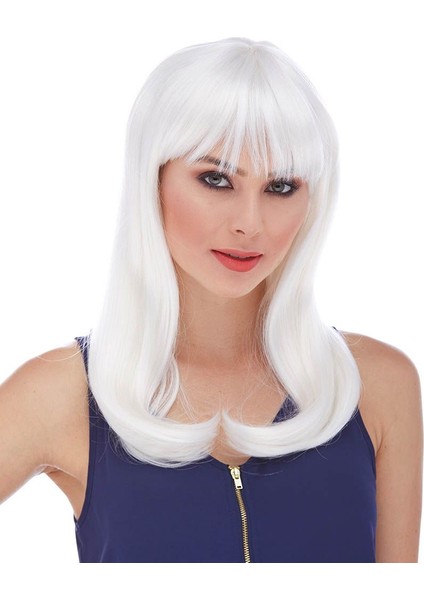 Beyaz Renk Uzun Düz Parti Peruğu (4989)