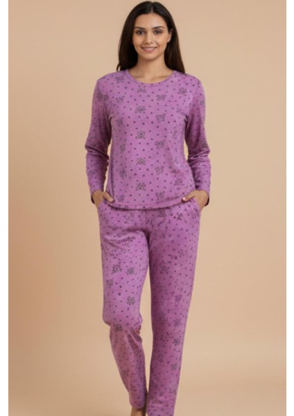 Kadın Pijama Takımı – Mor Desenli Uzun Kollu | Rahat ve Yumuşak Kumaşlı Ev Pijaması
