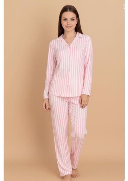 Kadın Çizgili Pijama Takımı – Pembe Beyaz Uzun Kollu Rahat Ev Pijaması