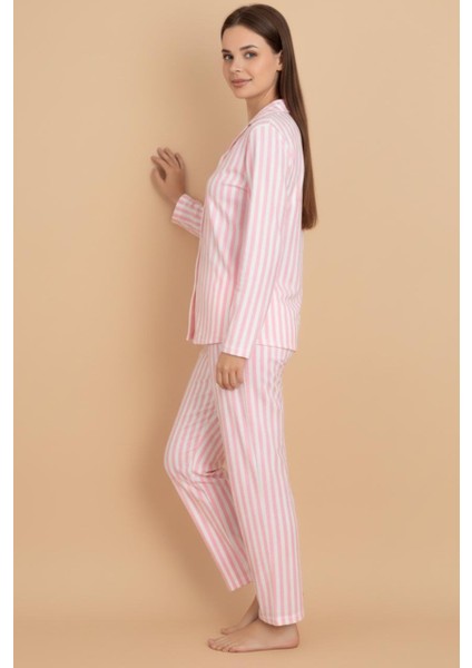 Kadın Çizgili Pijama Takımı – Pembe Beyaz Uzun Kollu Rahat Ev Pijaması fiyatları