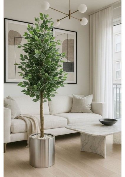 Yapay Benjamin Kar Beyaz Ağaç 150 cm Lüx Siyah Gümüş Darbuka Saksı ve Dolomit Taşı Dahil