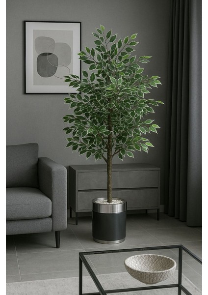 Yapay Benjamin Kar Beyaz Ağaç 150 cm Lüx Siyah Gümüş Darbuka Saksı ve Dolomit Taşı Dahil