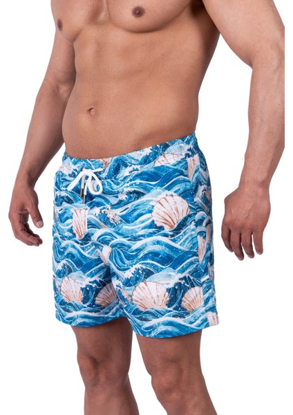 Bronz Ocean Wave Erkek Deniz Şortu Hızlı Kuruyan Aquadry Kumaş, Mavi Tonlar, Fermuarlı Cepli