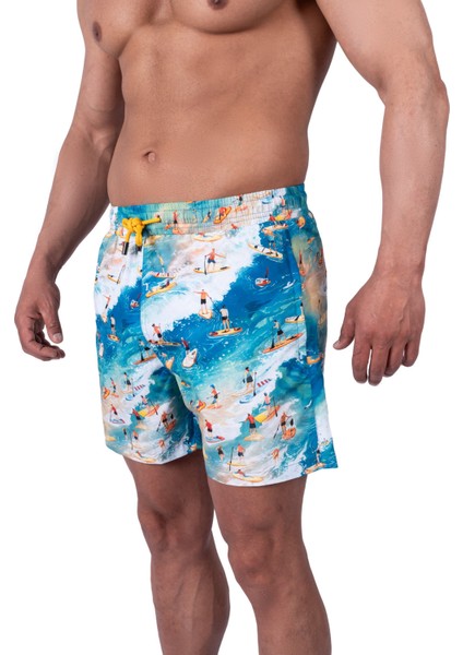 Bronz Surf Spirit Erkek Deniz Şortu Hızlı Kuruyan Aquadry Kumaş, Mavi Tonlar, Fermuarlı Cepli
