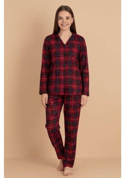 Kadın Kırmızı Kareli Pijama Takımı – Düğmeli Uzun Kollu Flanel Pijama