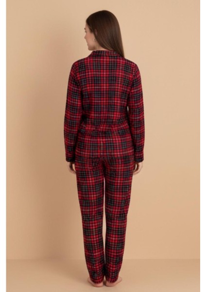Kadın Kırmızı Kareli Pijama Takımı – Düğmeli Uzun Kollu Flanel Pijama fiyatları