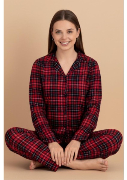 Kadın Kırmızı Kareli Pijama Takımı – Düğmeli Uzun Kollu Flanel Pijama modelleri