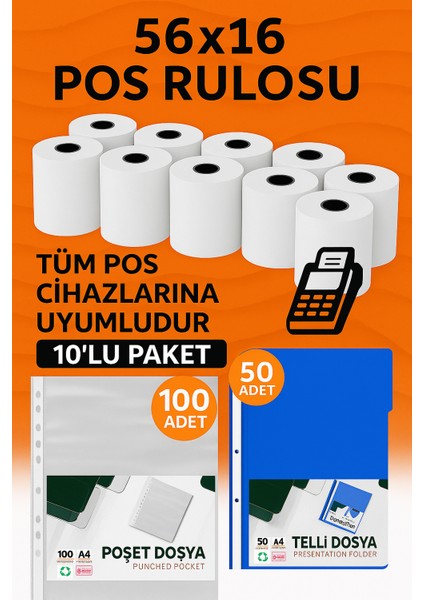 Ofis Seti Pos Rulosu 56X16 (10’lu) + Poşet Dosya A4 (100’LÜ) + Telli Dosya A4 (50’li)