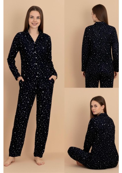 Kadın Siyah Yıldız Desenli Pijama Takımı – Uzun Kollu Kışlık Rahat Pijama fiyatları