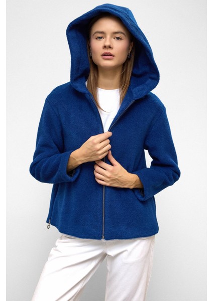 Kapüşonlu Fermuar Detaylı Oversize Kısa Kaban Saks 3130