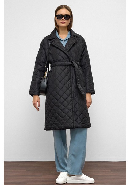 Belden Bağlamalı Çıt Çıt Kapamalı Kruvaze Kapitone Mont Siyah 6786