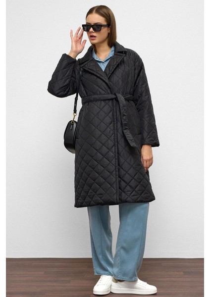 Belden Bağlamalı Çıt Çıt Kapamalı Kruvaze Kapitone Mont Siyah 6786 fırsatları