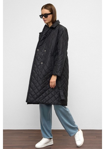 Belden Bağlamalı Çıt Çıt Kapamalı Kruvaze Kapitone Mont Siyah 6786 indirimleri