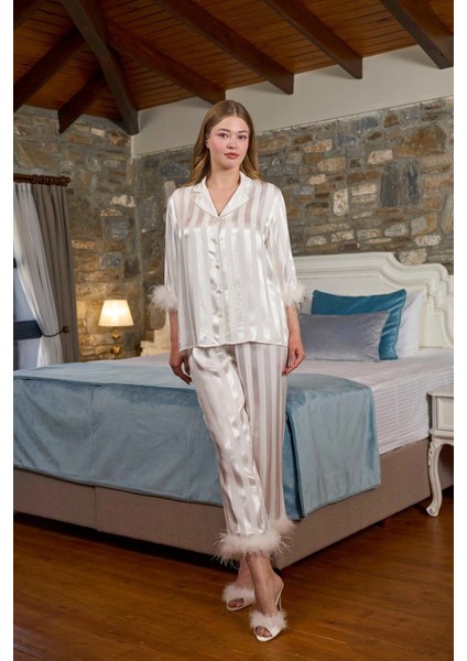 26375 Çizgili Orjişli Gömlek Yaka Pijama Takımı