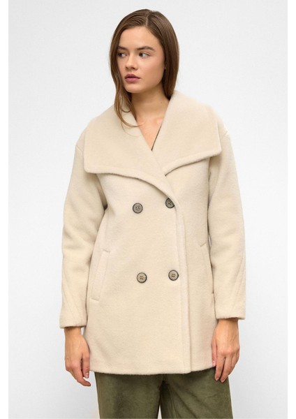 Mendil Yaka Kruvaze Geniş Kesim Kaban Bej 3129