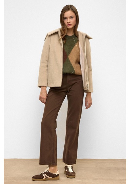 Çıkabilir Kapüşonlu Fermuar Detaylı Oversize Kaban Koyu Bej 3128 modelleri