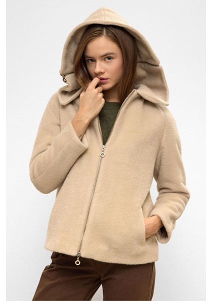 Çıkabilir Kapüşonlu Fermuar Detaylı Oversize Kaban Koyu Bej 3128 fırsatları