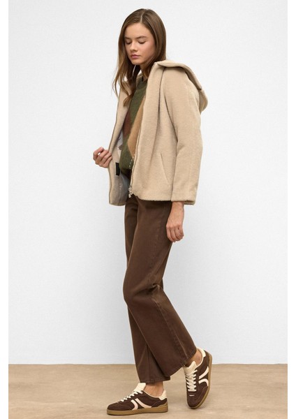 Çıkabilir Kapüşonlu Fermuar Detaylı Oversize Kaban Koyu Bej 3128 indirimleri