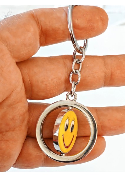 Sarı Gülen Surat Emojili Dönebilen Metal Anahtarlık