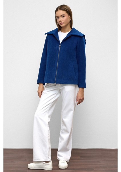 Çıkabilir Kapüşonlu Fermuar Detaylı Oversize Kaban Saks 3128