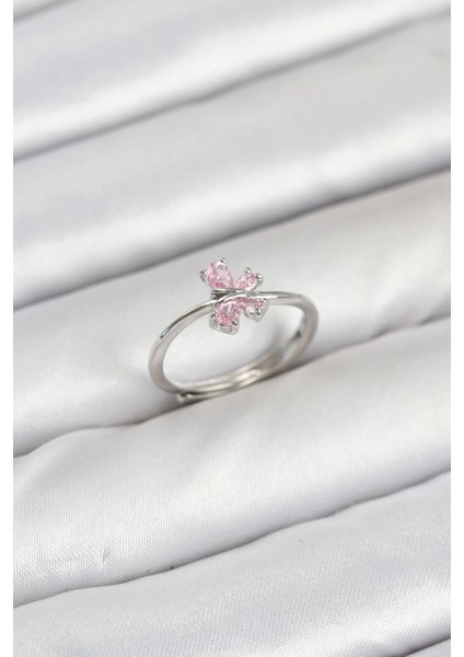 Bfs Pirinç Gümüş Renk Pembe Kelebek Kadın Yüzük