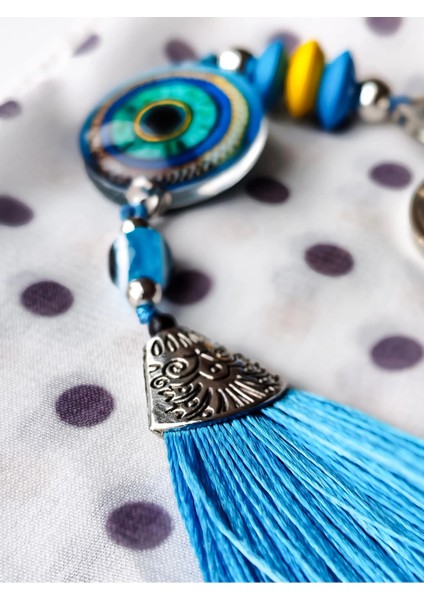 Mavi Cam Boncuklu Mavi Püsküllü Anahtarlık