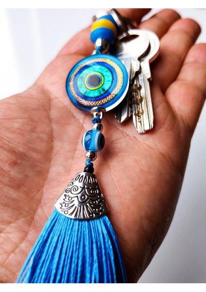 Mavi Cam Boncuklu Mavi Püsküllü Anahtarlık indirimleri