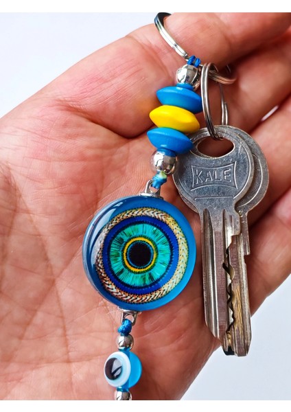 Mavi Cam Boncuklu Mavi Püsküllü Anahtarlık