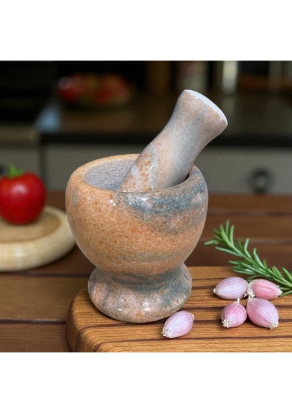 Mermer Havan Siyah Turuncu Pembe – Doğal Sırsız Iç Yüzey, Baharat ve Sarımsak Dövücü