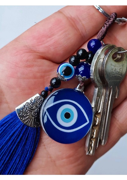 Lacivert Nazar Boncuğu Göz Desenli Lacivert Püsküllü Anahtarlık