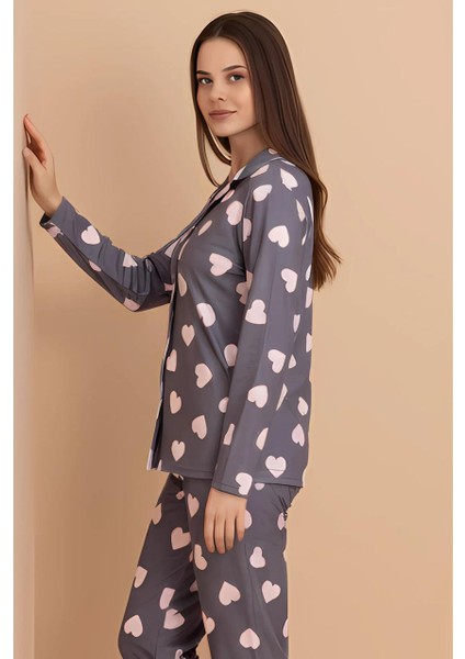 Kadın Gri Kalpli Düğmeli Uzun Kollu Pijama Takımı – Pamuklu Ev Giyim