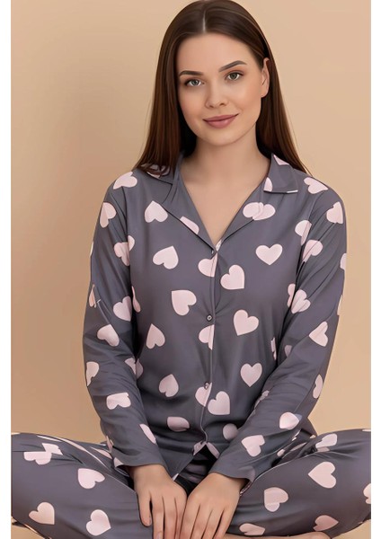 Kadın Gri Kalpli Düğmeli Uzun Kollu Pijama Takımı – Pamuklu Ev Giyim fiyatları