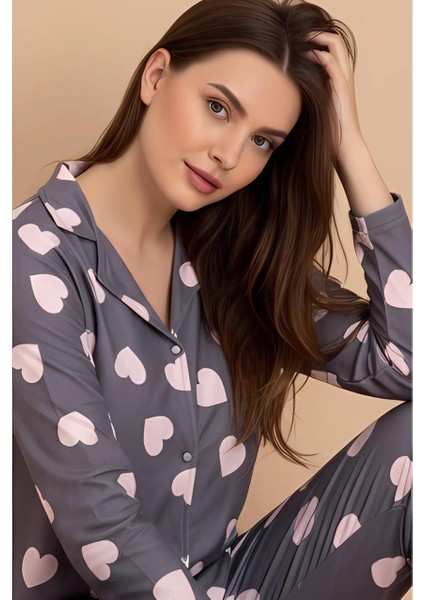 Kadın Gri Kalpli Düğmeli Uzun Kollu Pijama Takımı – Pamuklu Ev Giyim modelleri