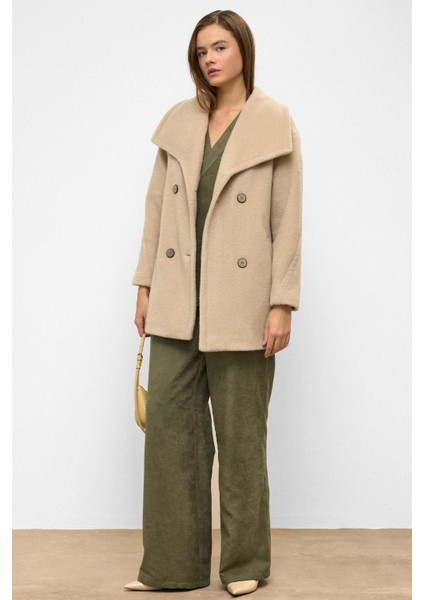 Mendil Yaka Kruvaze Geniş Kesim Kaban Koyu Bej 3129