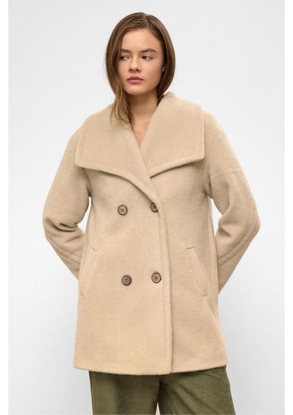 Mendil Yaka Kruvaze Geniş Kesim Kaban Koyu Bej 3129 fiyatları